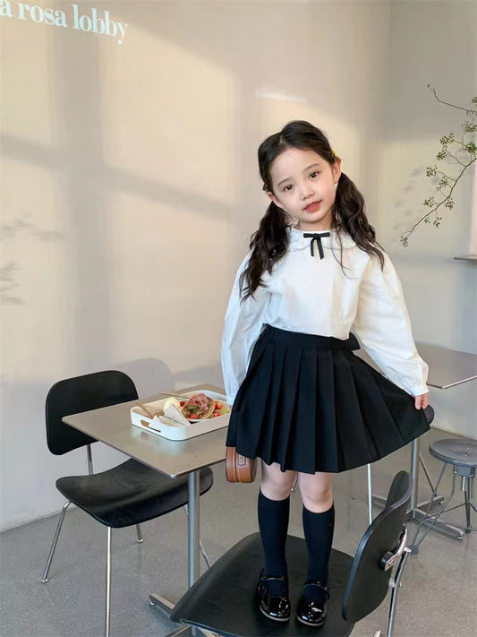 Girl's Lace Collar Shirt with Small Bow & Black Vest Skirt Set