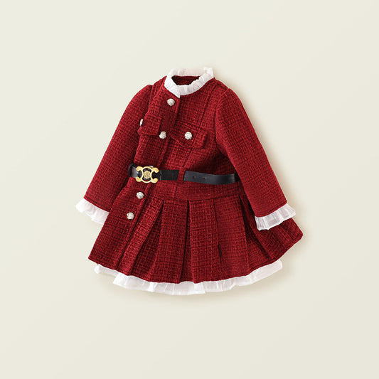 Girl's Little Chanel-Inspired Tweed Waisted Pleated Princess Dress
