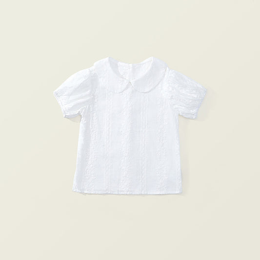 Girl's Summer Short-Sleeve White Shirt - Lace Peter Pan Collar K4125091