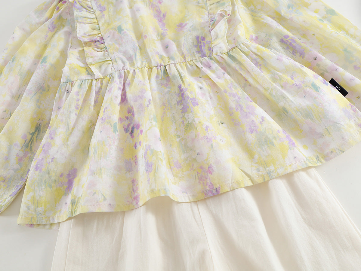 Toddler Girl’s Watercolor Floral Top & Wide-Leg Pants Set-K6115988