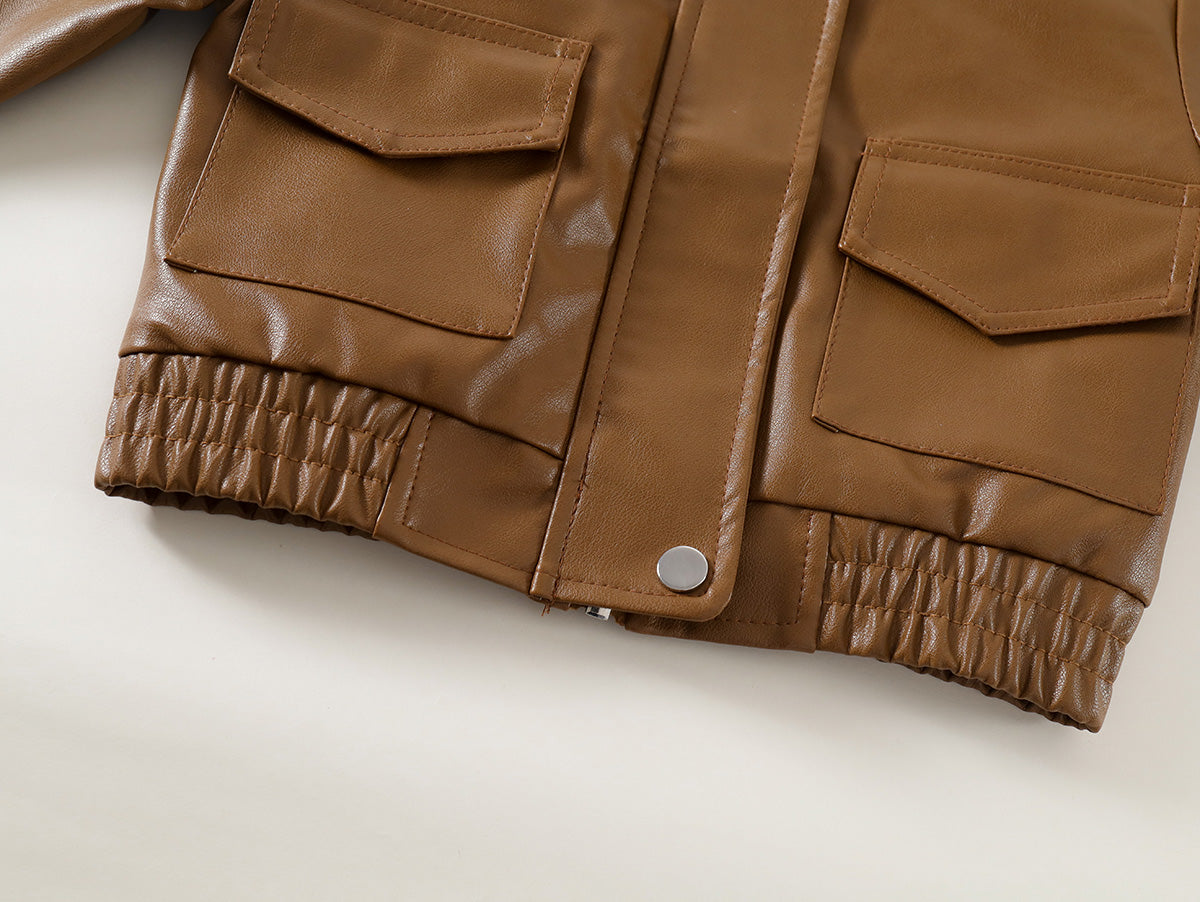New  Kids' Brown Lapel Leather Jacket-K6115984