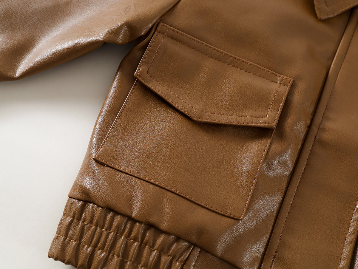 New  Kids' Brown Lapel Leather Jacket-K6115984