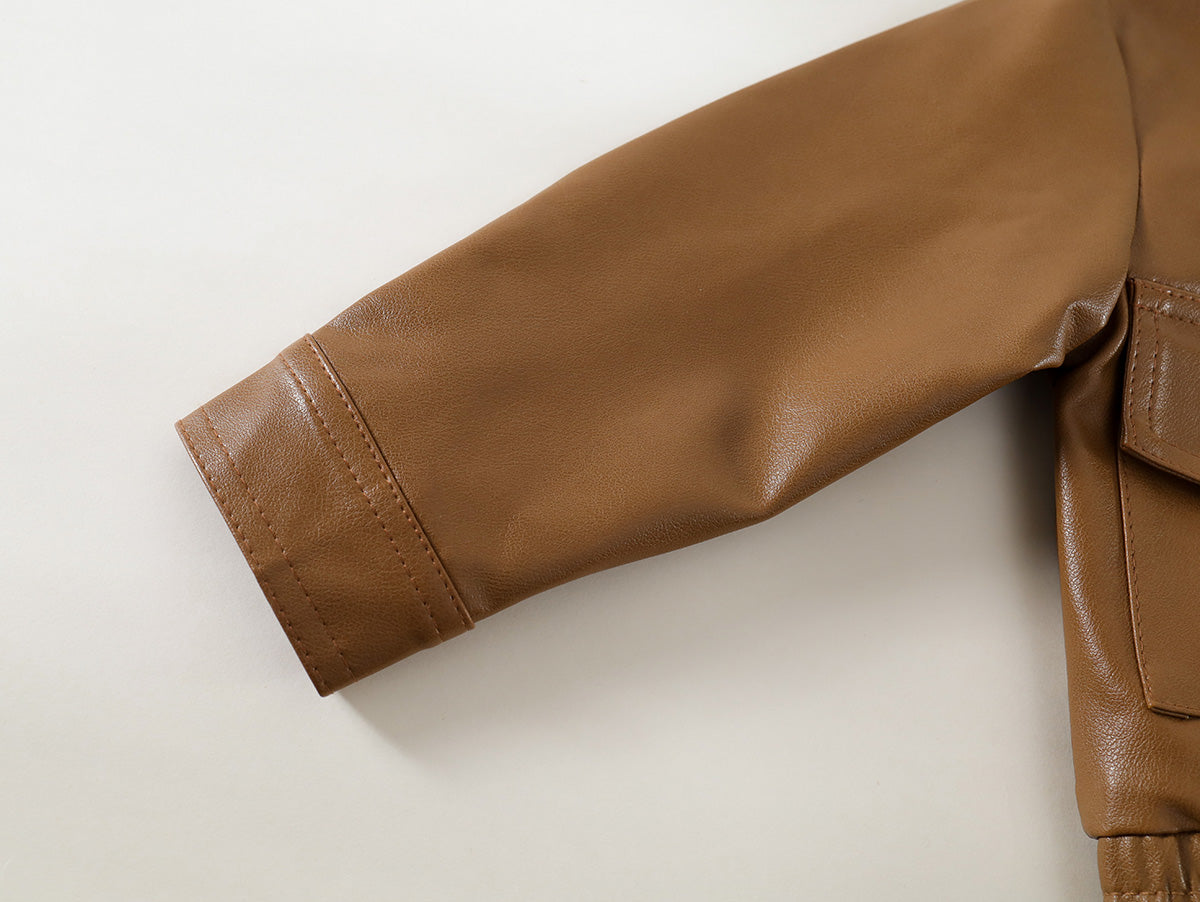 New  Kids' Brown Lapel Leather Jacket-K6115984