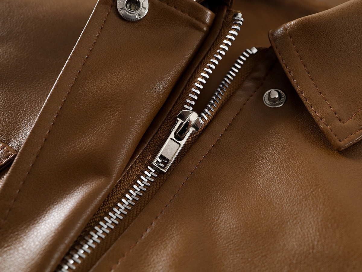 New  Kids' Brown Lapel Leather Jacket-K6115984