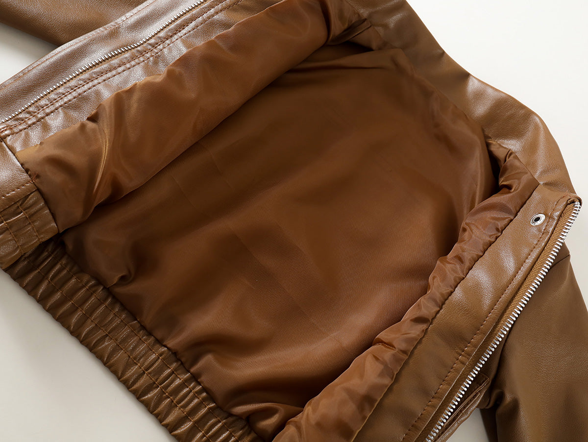New  Kids' Brown Lapel Leather Jacket-K6115984