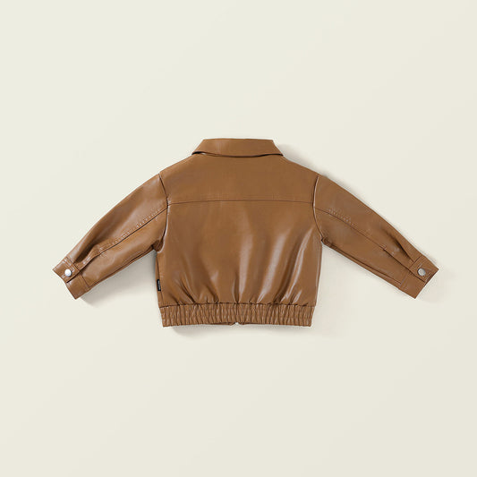 New  Kids' Brown Lapel Leather Jacket-K6115984