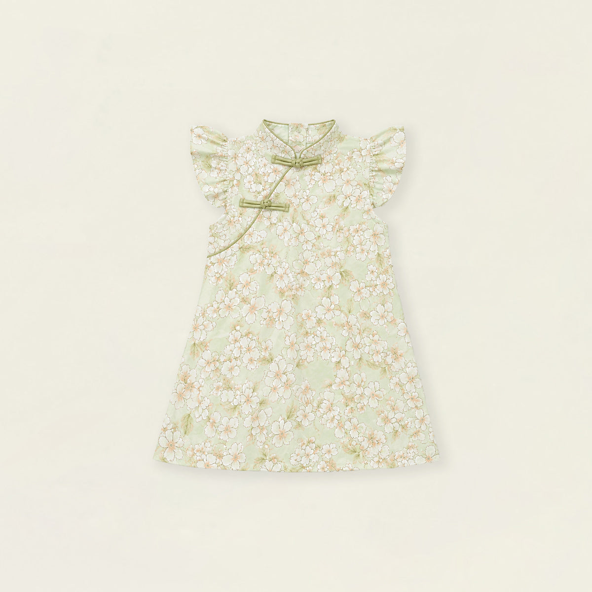 Girls' Floral & Gingham Cheongsam-Style Dress with Ruffled Sleeves - K6126311