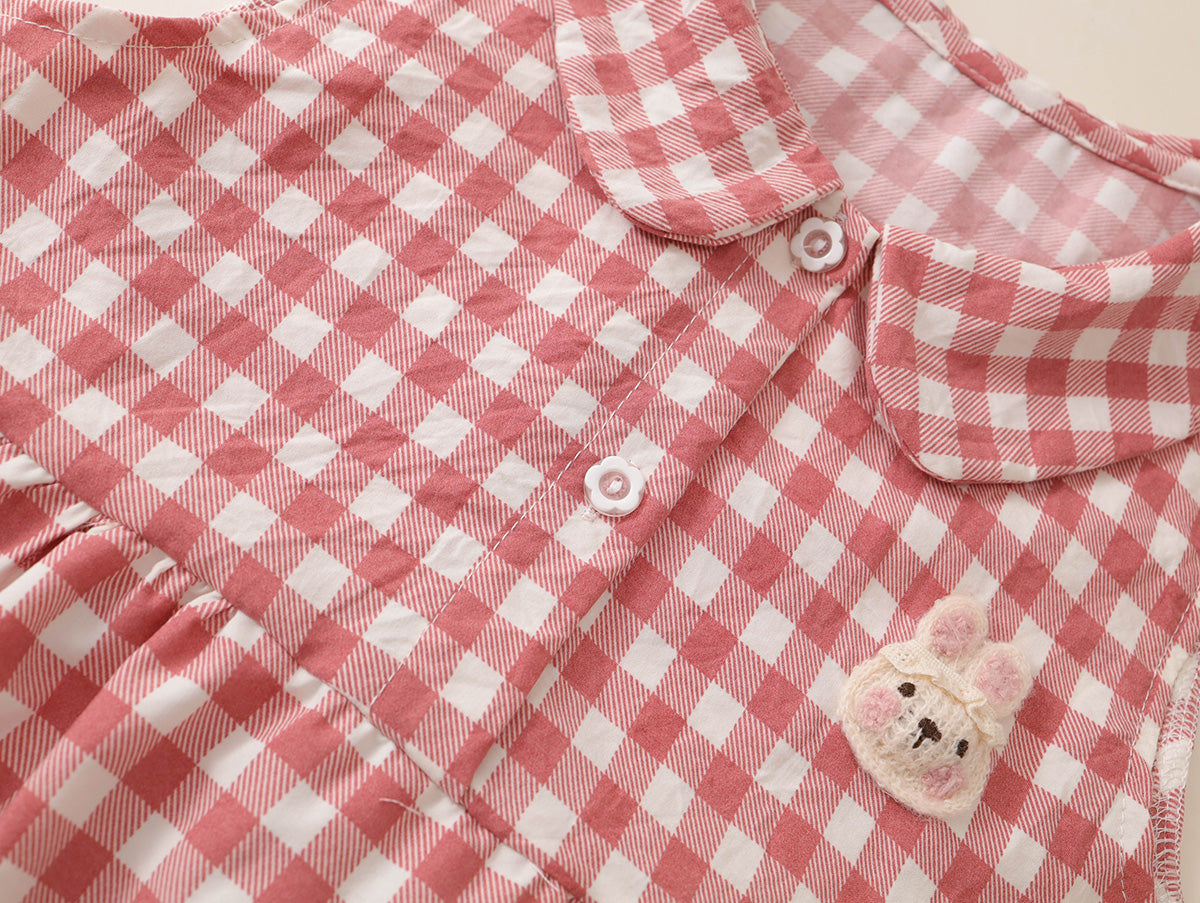 Girls' Pink Gingham Sleeveless Dress with Bunny Appliqué -K6126241