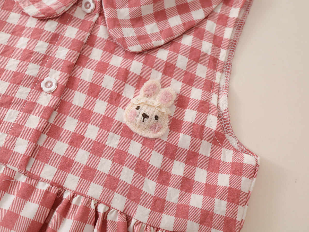 Girls' Pink Gingham Sleeveless Dress with Bunny Appliqué -K6126241