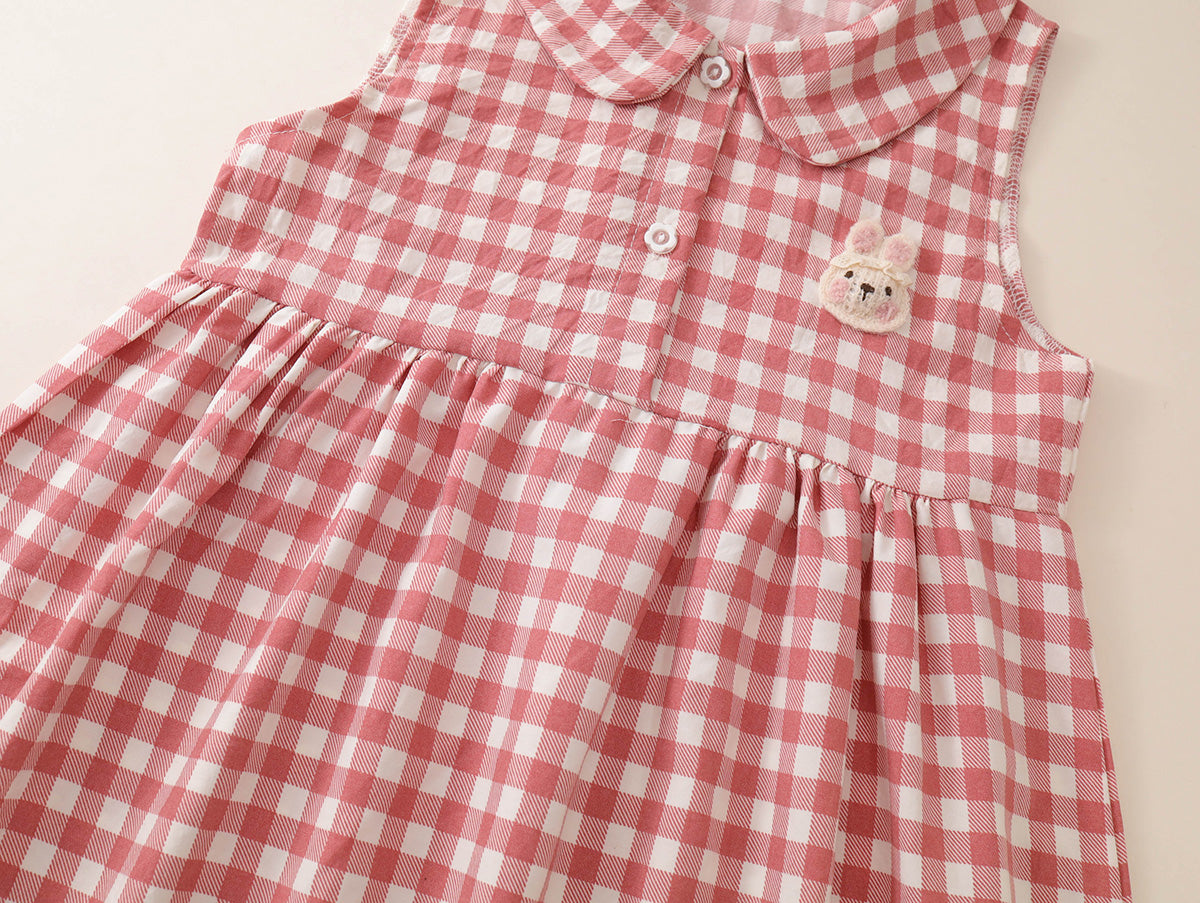 Girls' Pink Gingham Sleeveless Dress with Bunny Appliqué -K6126241