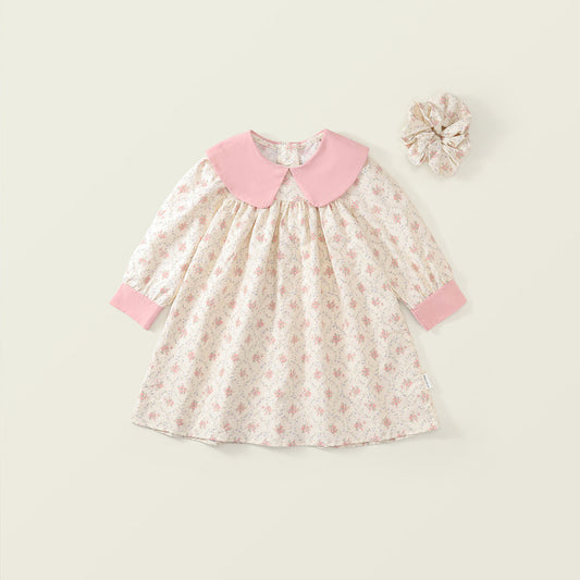 Girls' Floral Peter Pan Collar Dress & Matching Scrunchie Set -K6136281