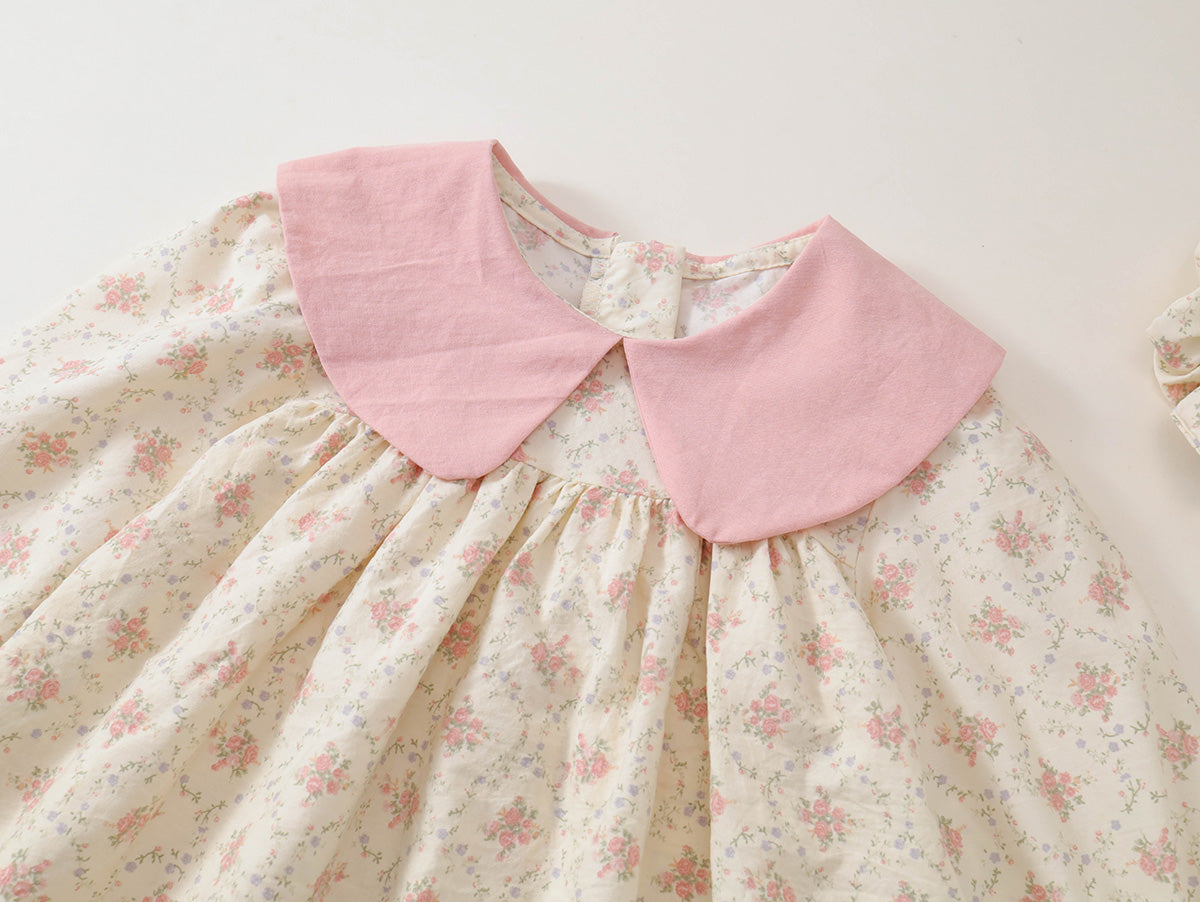 Girls' Floral Peter Pan Collar Dress & Matching Scrunchie Set -K6136281