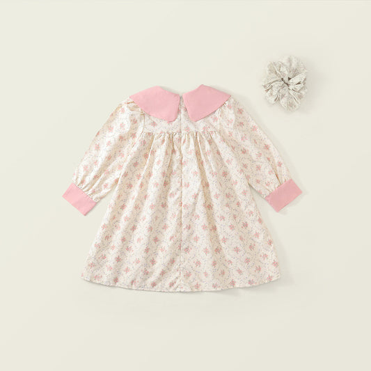 Girls' Floral Peter Pan Collar Dress & Matching Scrunchie Set -K6136281