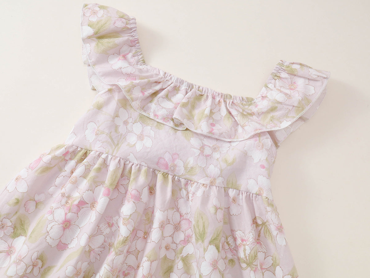 Girls' Floral Ruffle-Shoulder Summer Dress -K6126297