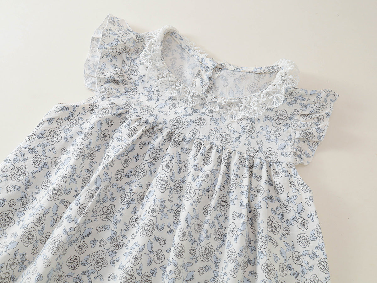 Girls' Floral Ruffle-Neck A-Line Summer Dress - K6126294