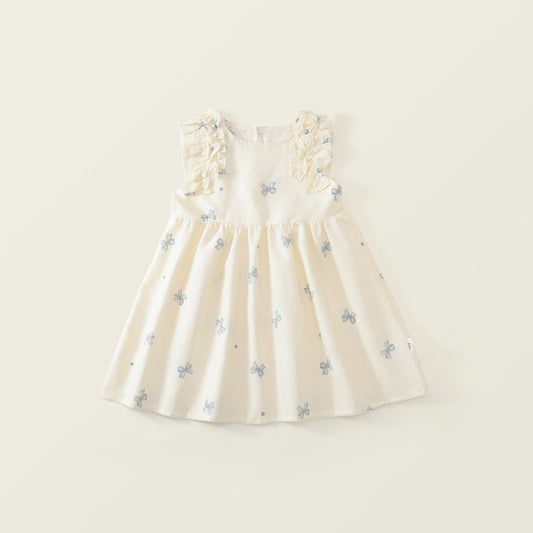 Girls' Bow Print Ruffle-Shoulder Summer Dress -K6126308