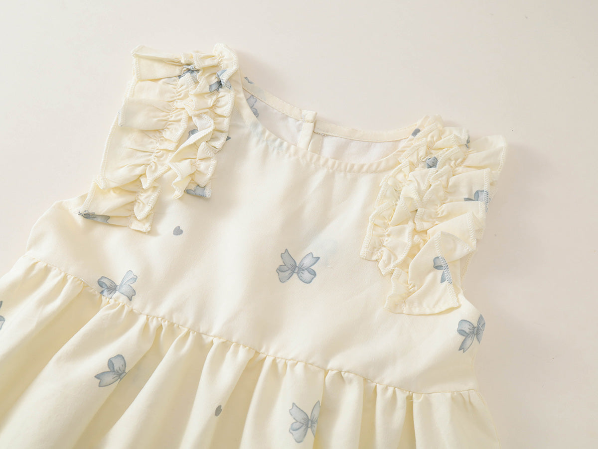 Girls' Bow Print Ruffle-Shoulder Summer Dress -K6126308