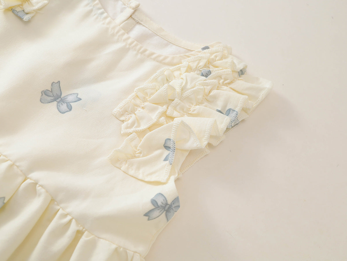 Girls' Bow Print Ruffle-Shoulder Summer Dress -K6126308
