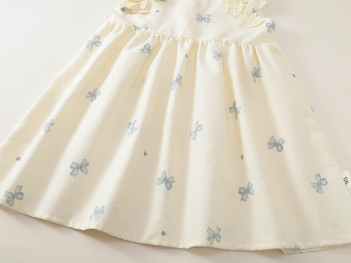 Girls' Bow Print Ruffle-Shoulder Summer Dress -K6126308