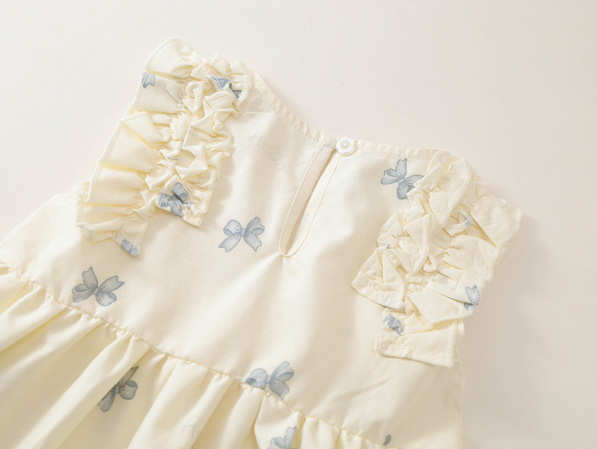 Girls' Bow Print Ruffle-Shoulder Summer Dress -K6126308