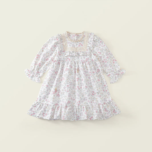 Girls' Floral Ruffle Collar Dress with Puff Sleeves -K6136300