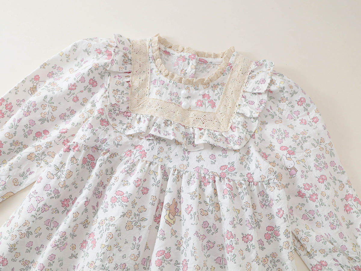 Girls' Floral Ruffle Collar Dress with Puff Sleeves -K6136300