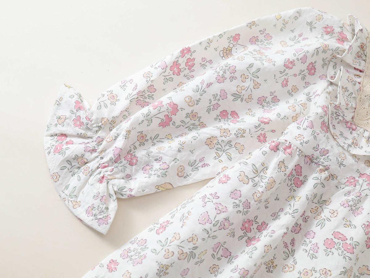 Girls' Floral Ruffle Collar Dress with Puff Sleeves -K6136300