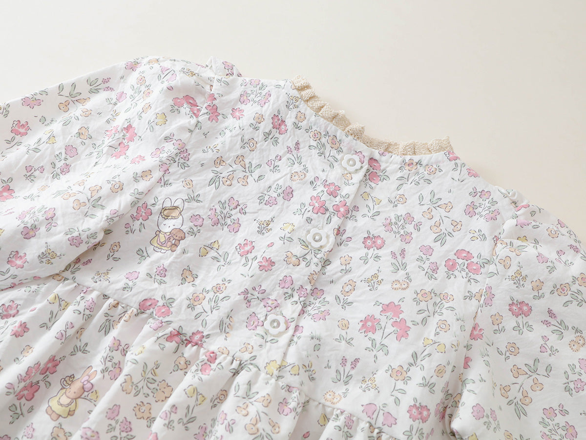 Girls' Floral Ruffle Collar Dress with Puff Sleeves -K6136300