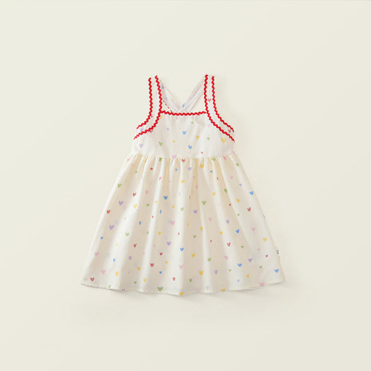 Girls' Heart Print Cross-Back Summer Dress -K6126289