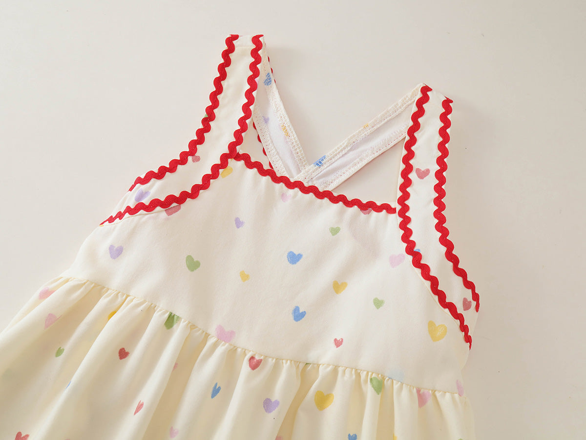 Girls' Heart Print Cross-Back Summer Dress -K6126289