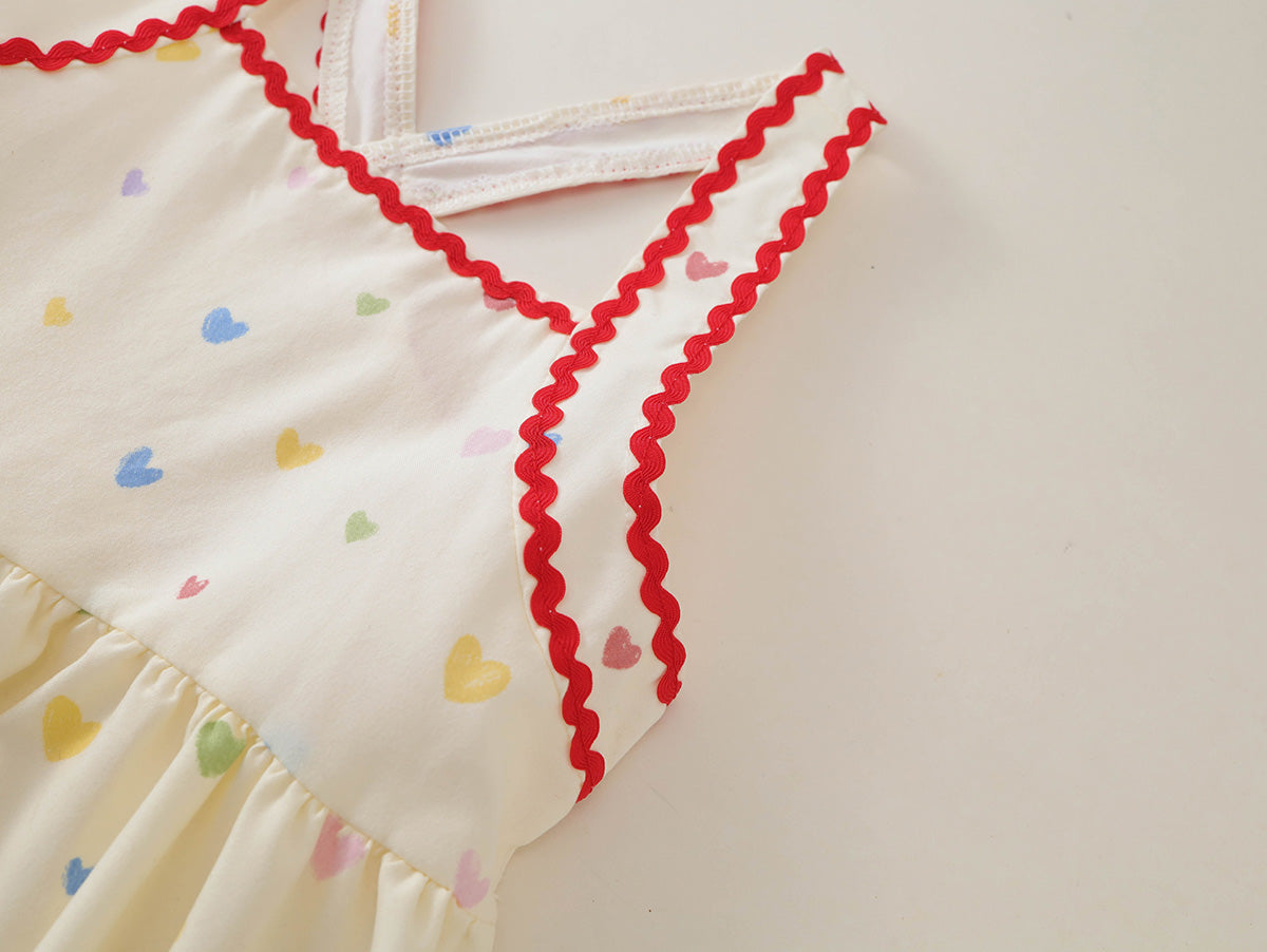 Girls' Heart Print Cross-Back Summer Dress -K6126289
