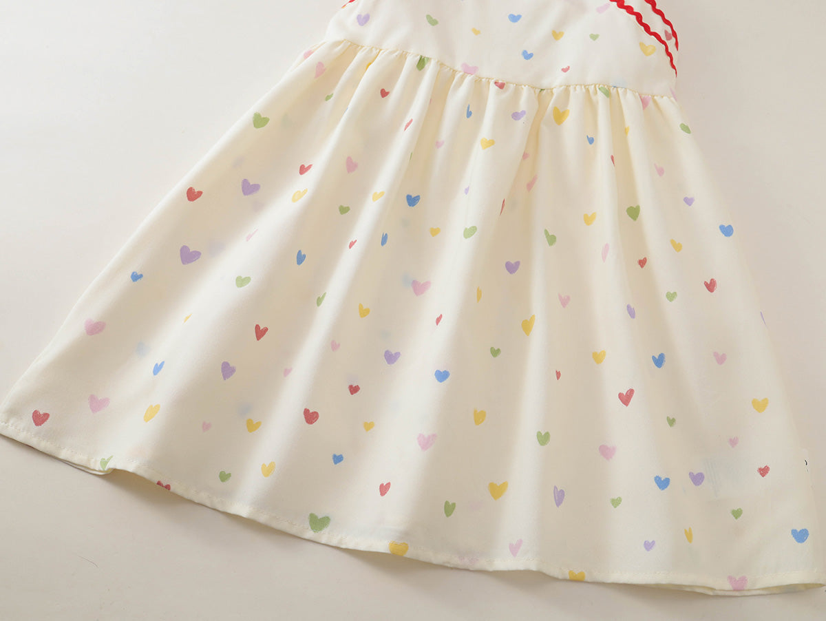 Girls' Heart Print Cross-Back Summer Dress -K6126289