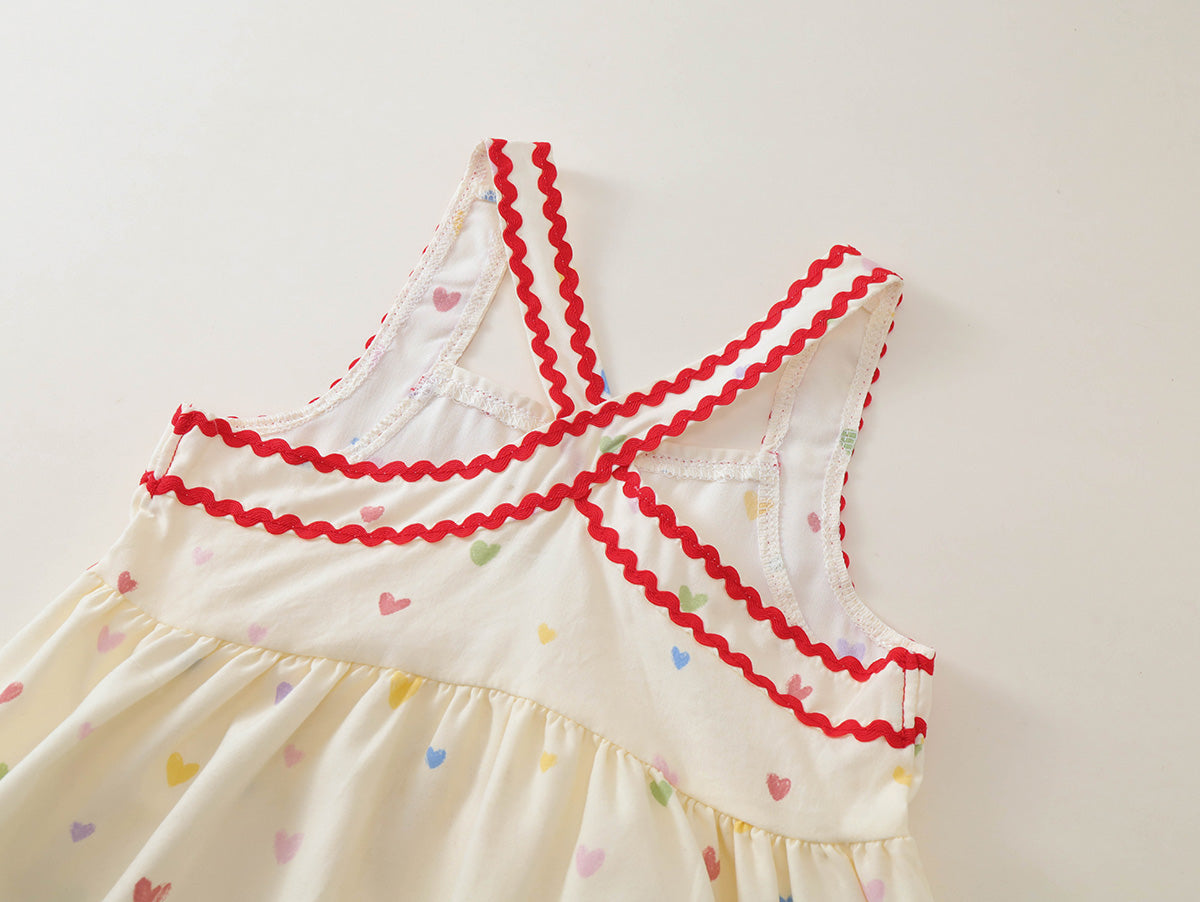 Girls' Heart Print Cross-Back Summer Dress -K6126289