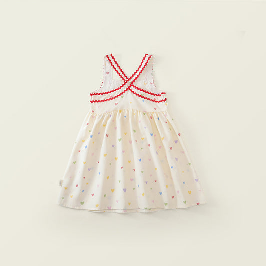 Girls' Heart Print Cross-Back Summer Dress -K6126289