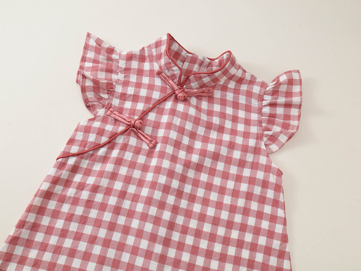 Girls' Floral & Gingham Cheongsam-Style Dress with Ruffled Sleeves - K6126311