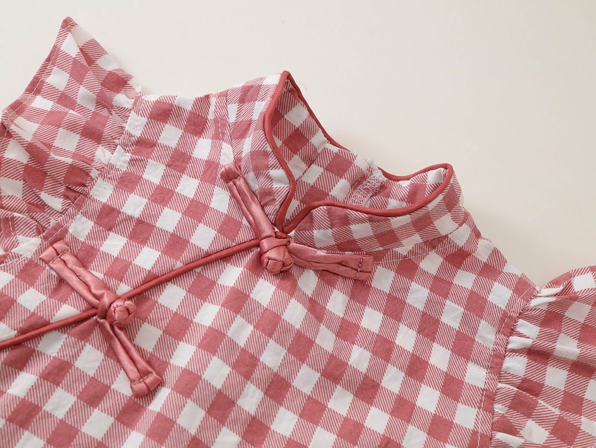Girls' Floral & Gingham Cheongsam-Style Dress with Ruffled Sleeves - K6126311