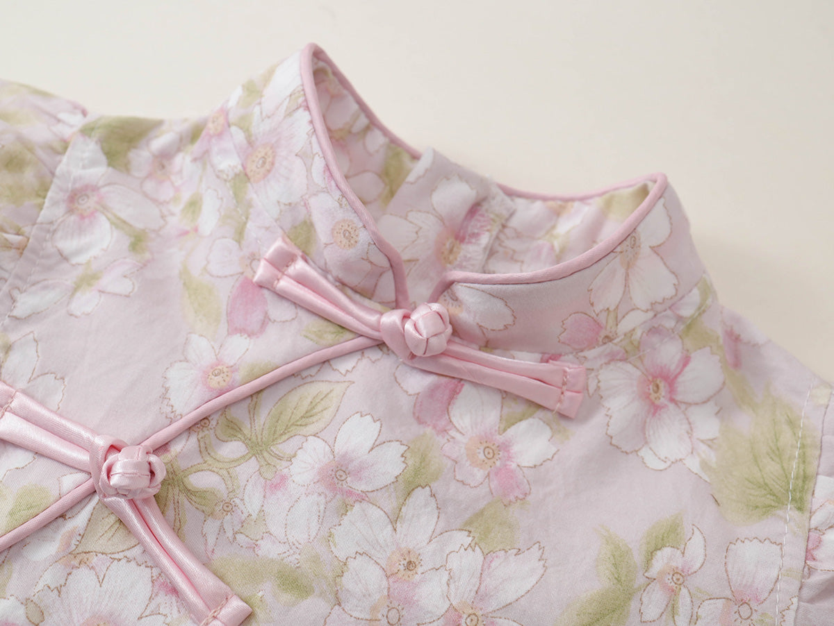 Girls' Floral & Gingham Cheongsam-Style Dress with Ruffled Sleeves - K6126311