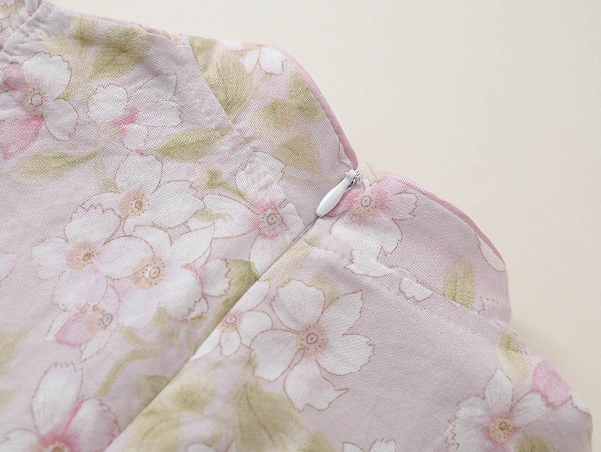 Girls' Floral & Gingham Cheongsam-Style Dress with Ruffled Sleeves - K6126311