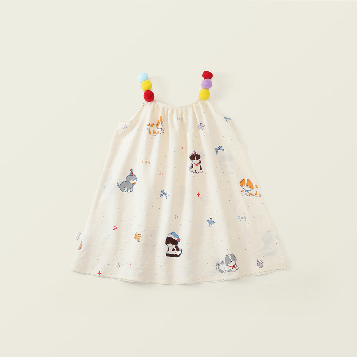 Girls' Colorful Pom-Pom Strap Printed Summer Dress - K6126309