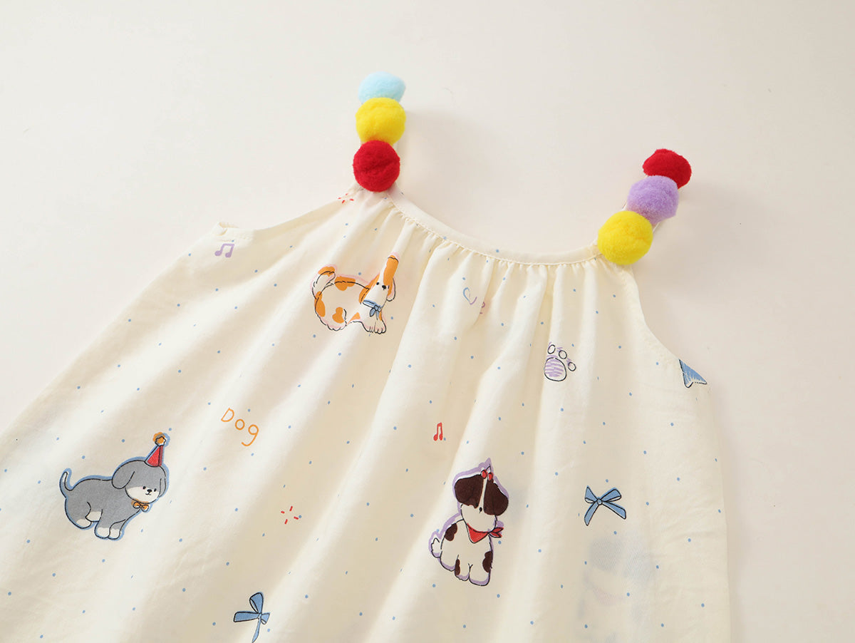 Girls' Colorful Pom-Pom Strap Printed Summer Dress - K6126309