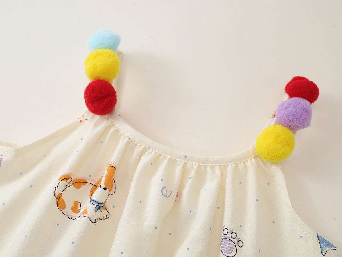 Girls' Colorful Pom-Pom Strap Printed Summer Dress - K6126309