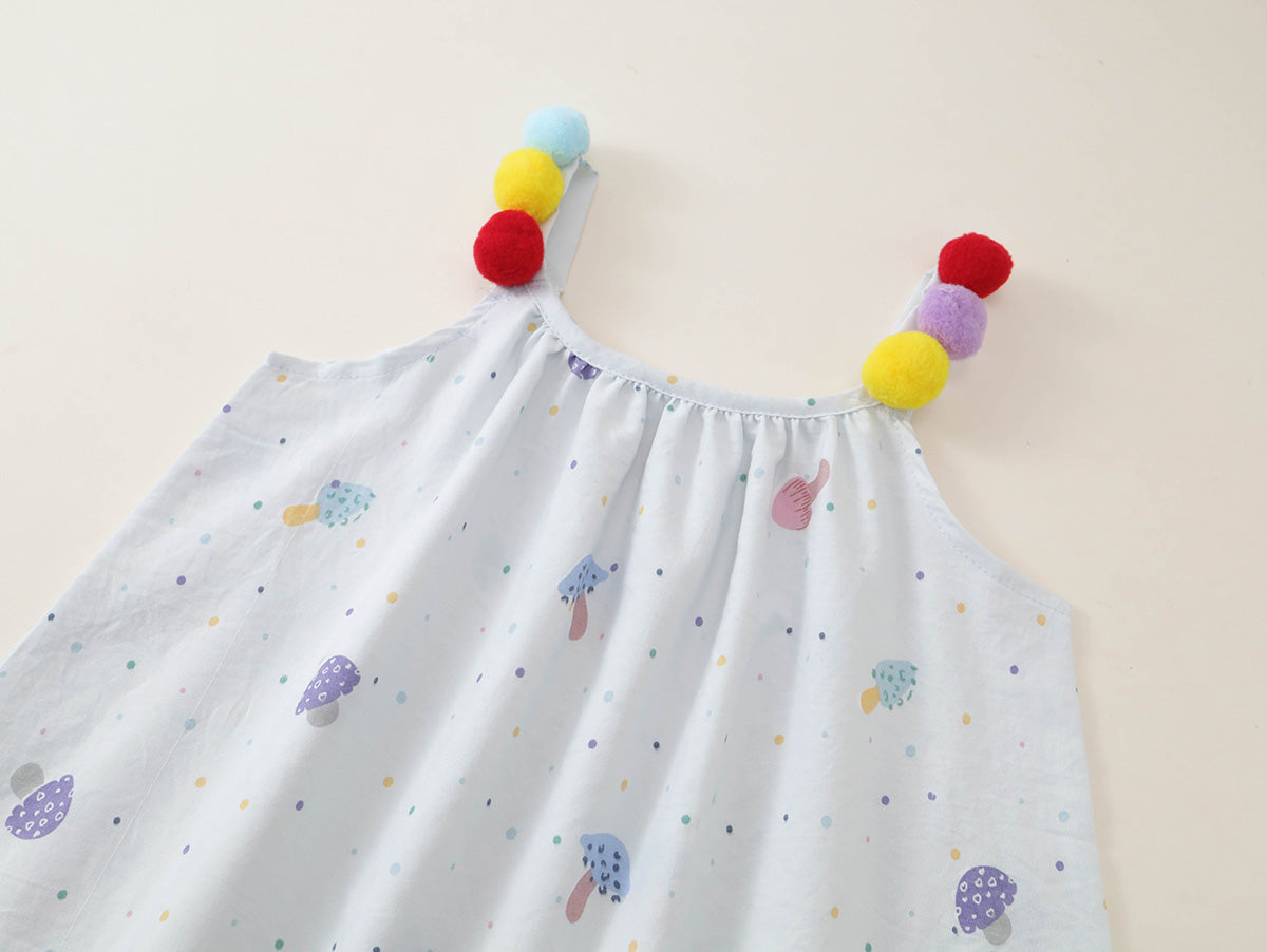 Girls' Colorful Pom-Pom Strap Printed Summer Dress - K6126309