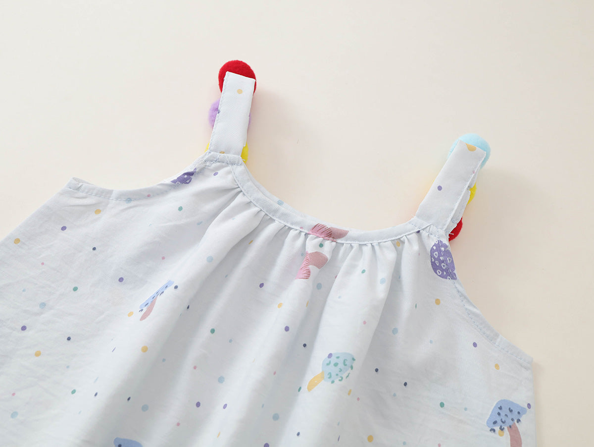 Girls' Colorful Pom-Pom Strap Printed Summer Dress - K6126309