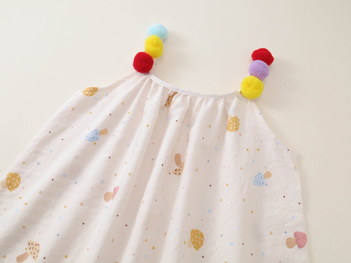 Girls' Colorful Pom-Pom Strap Printed Summer Dress - K6126309