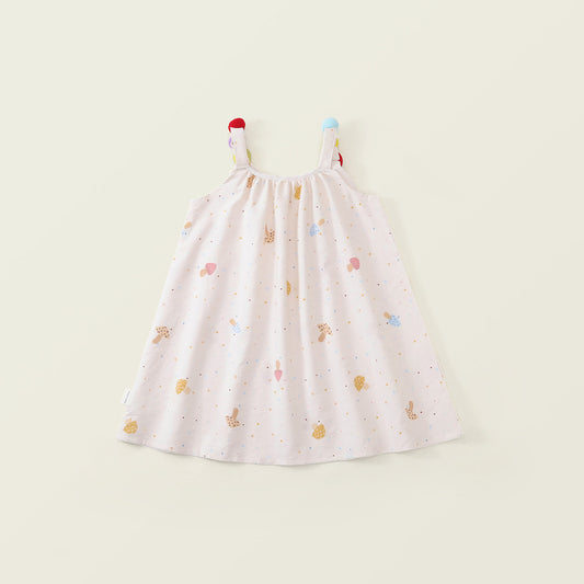Girls' Colorful Pom-Pom Strap Printed Summer Dress - K6126309