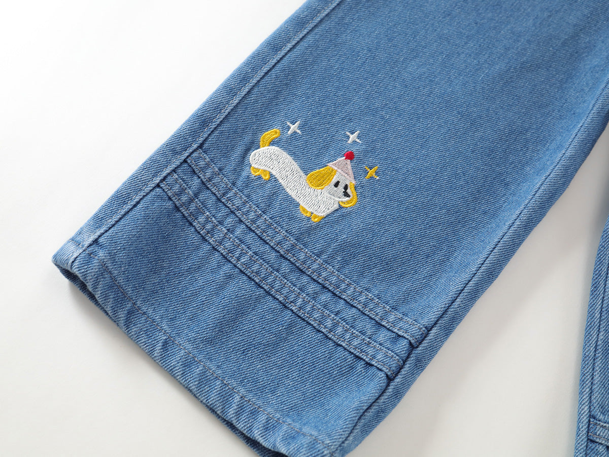 Happy Duck Embroidered Wide-Leg Denim Pants -K6115896