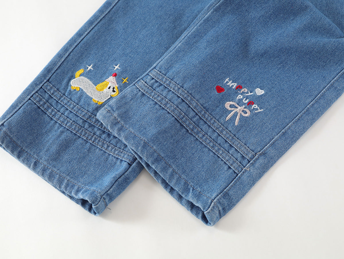 Happy Duck Embroidered Wide-Leg Denim Pants -K6115896
