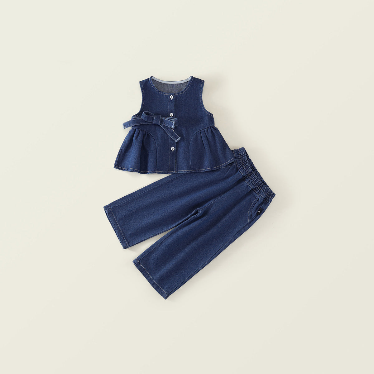 Girl’s Denim Peplum Top & Wide-Leg Pants Set -K6115897