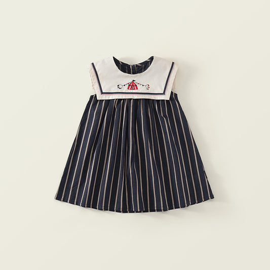 girl's embroidered vertical-striped sleeveless dress -K6125927