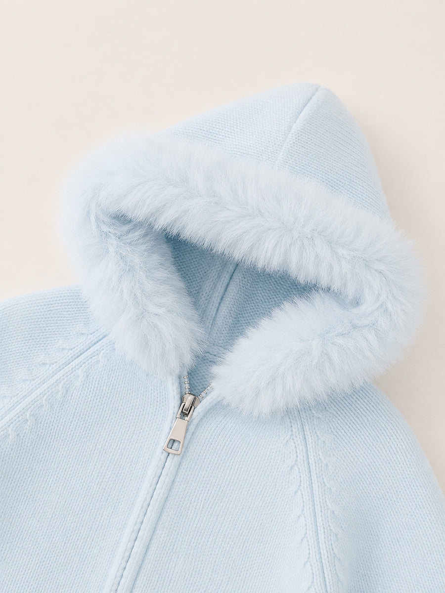 Girls' Pastel Faux Fur Hooded Zip-Up Cardigan -5497